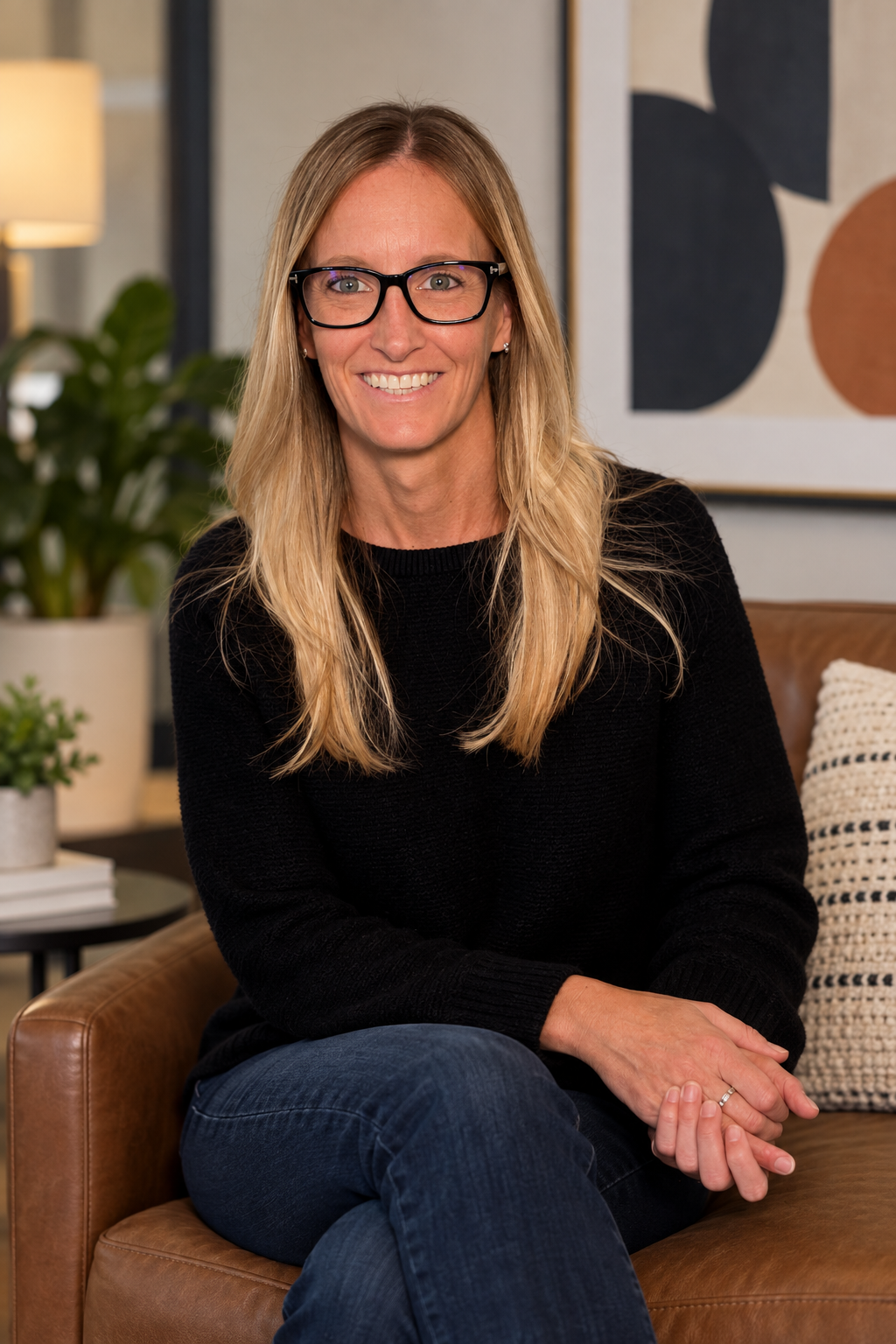 Portrait of Erin Beidle smiling on a leather couch